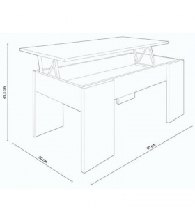 Medidas Mesa de centro elevable Gala color cambrian con hueco. Ancho: 90 cm. x Fondo: 50 cm. x Alto: 43,5 cm. Mobelcenter.