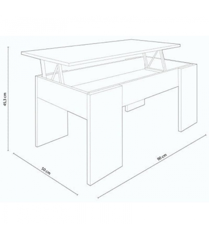Medidas Mesa de centro elevable Gala color cambrian con hueco. Ancho: 90 cm. x Fondo: 50 cm. x Alto: 43,5 cm. Mobelcenter.
