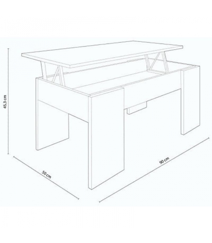 Medidas Mesa de centro elevable Gala color banco con hueco. Ancho: 90 cm. x Fondo: 50 cm. x Alto: 43,5 cm. Sayez