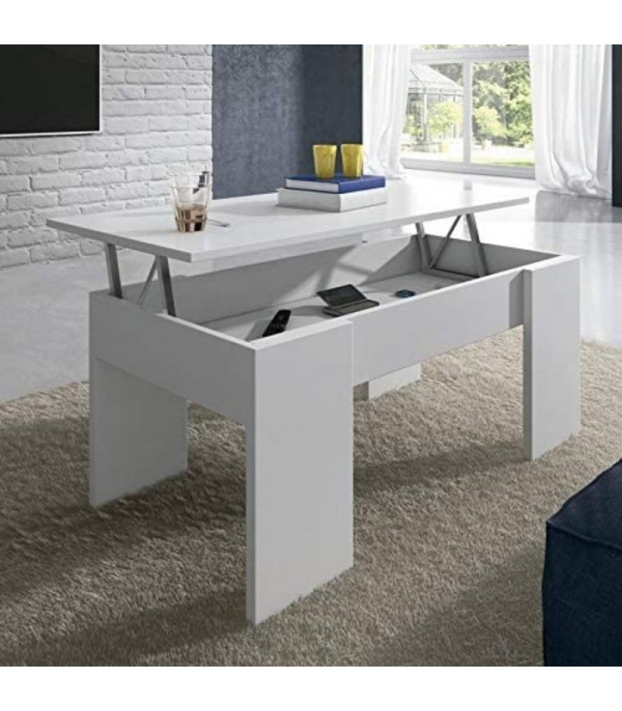 Mesa de centro elevable Gala color blanco con hueco interior para guardar cosas. Sayez