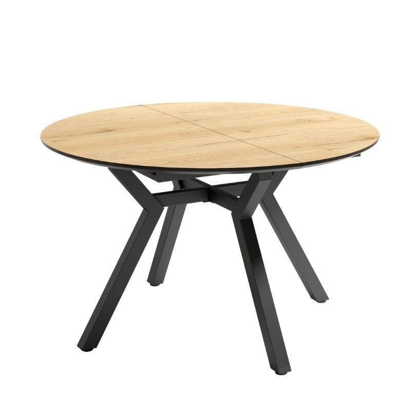 Mesa de comedor extensible Cantábrico acabado color Roble patas negras, diseño nórdico, mesa barata. Sayez