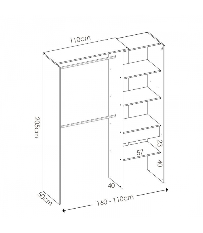 Medidas Armario Vestidor 1 Cajón y Cortina Suit blanco, Ancho 160/110, Alto 205 cm, 2 barras, 4 estantes y 1 cajón, Sayez