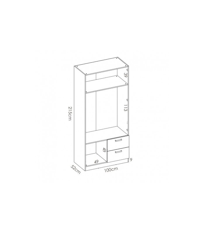 Medidas Armario 2 puertas 2 cajones Maxi 215 cm de altura, blanco con barra de colgar y 2 estantes, muy barato. Sayez