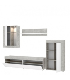 Mueble de salón Tokio modular con leds abierto, cemento y blanco, barato. Sayez