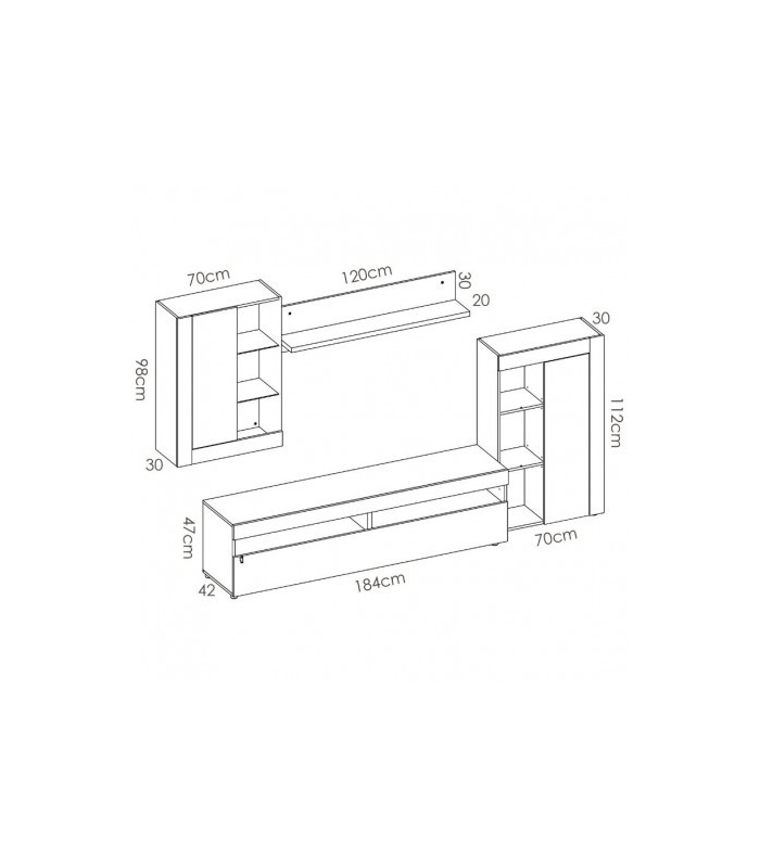 Medidas mueble de salón Tokio modular con leds, cemento y blanco, barato. Sayez