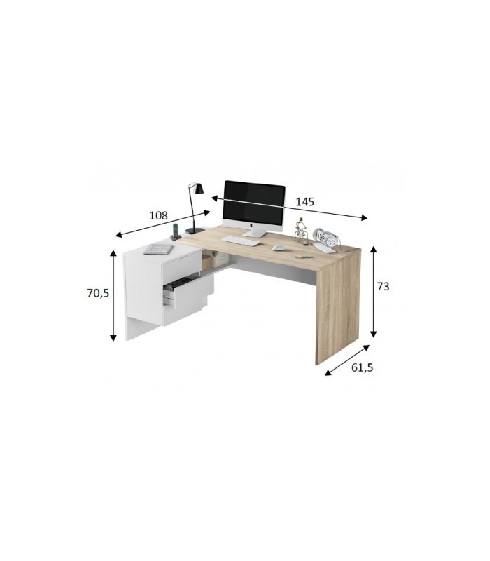 Mesa de escritorio con cajonera y estante Blanco Artik y Roble Canadian