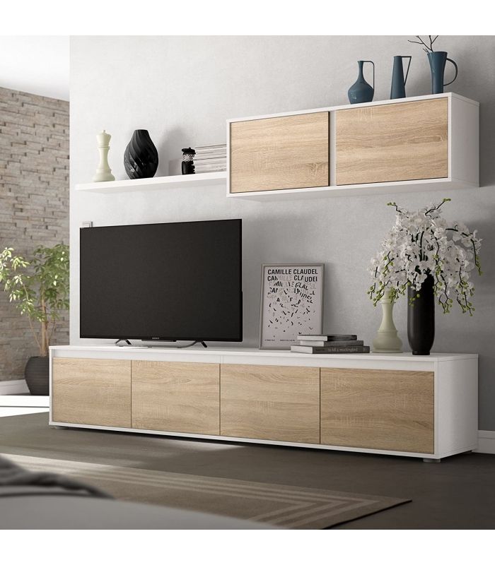 Salón Alida Mediterráneo Blanco Artik y Roble Canadian 200 cm, en ambiente |SAYEZ|