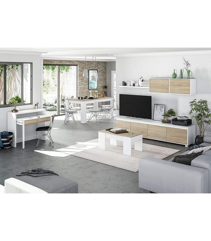 Salón Alida Mediterráneo Blanco Artik y Roble Canadian 200 cm, en ambiente |SAYEZ|