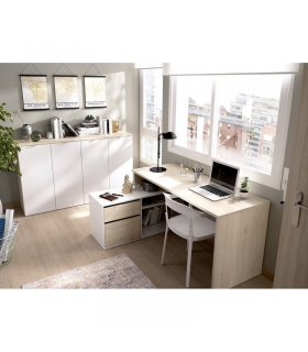 Mesa de escritorio con cajonera y estante Blanco Brillo y Natural