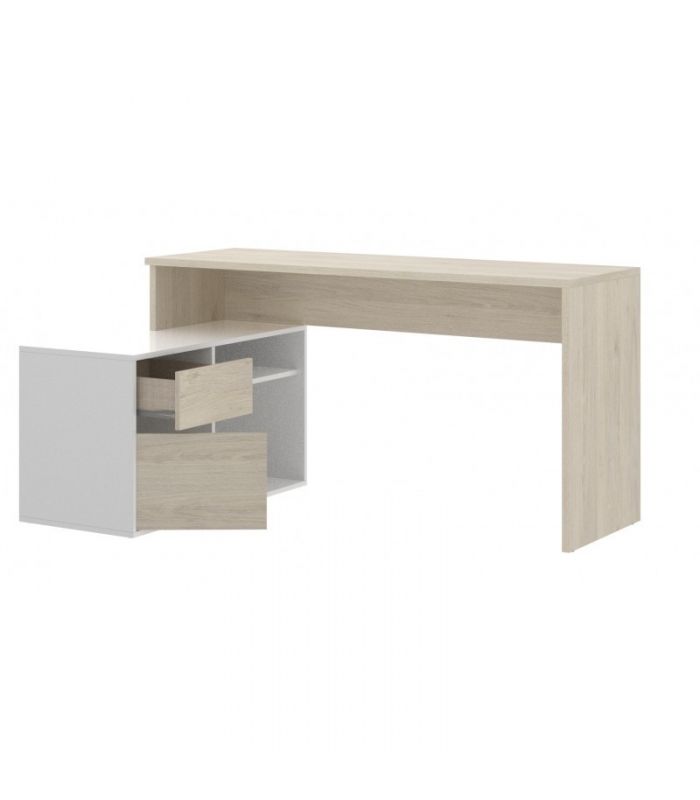Mesa de escritorio con cajonera y estante Blanco Brillo y Natural |SAYEZ|