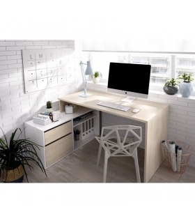 Mesa de escritorio con cajonera y estante Blanco Brillo y Natural