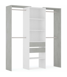 Armario vestidor con 2 cajones, 4 estantes y 4 barras de colgar. Color blanco y cemento. Sayez