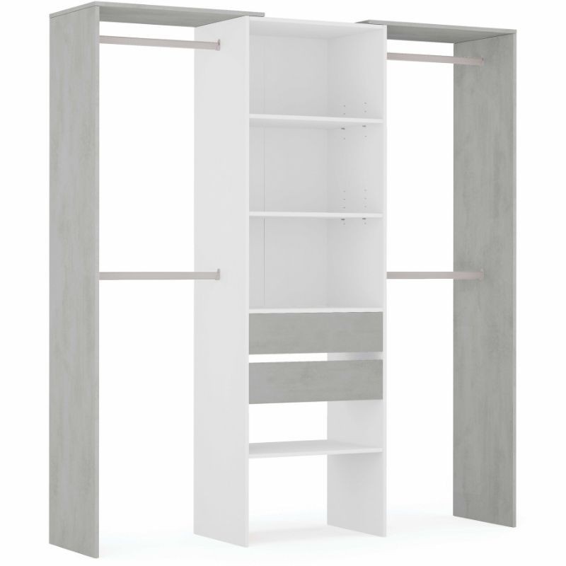 Armario vestidor con 2 cajones, 4 estantes y 4 barras de colgar. Color blanco y cemento. Sayez