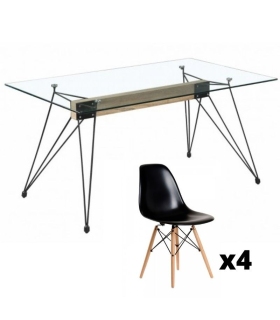 Conjunto mesa cristal Spyder acabada en madera y acero negro y juego 4 sillas tower negras con patas de madera color haya