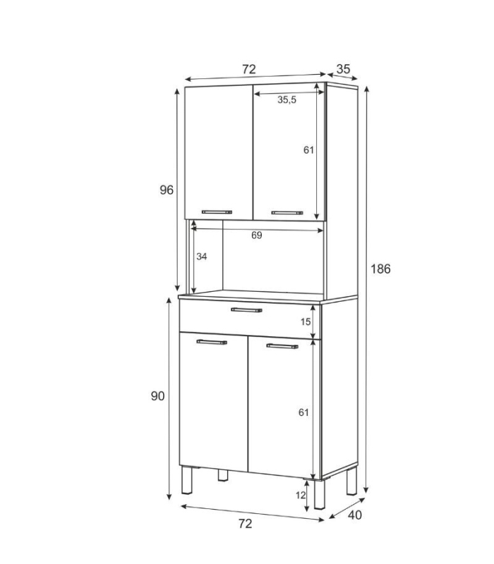 Medidas mueble auxiliar cocina 4 puertas 1 cajón. Sayez