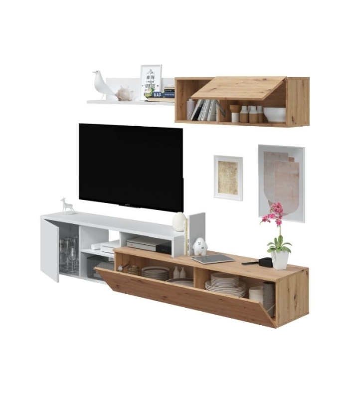 Mueble de Salón Julia acabado roble nodi y blanco artik, compuesto de módulo inferior, módulo superior y estante