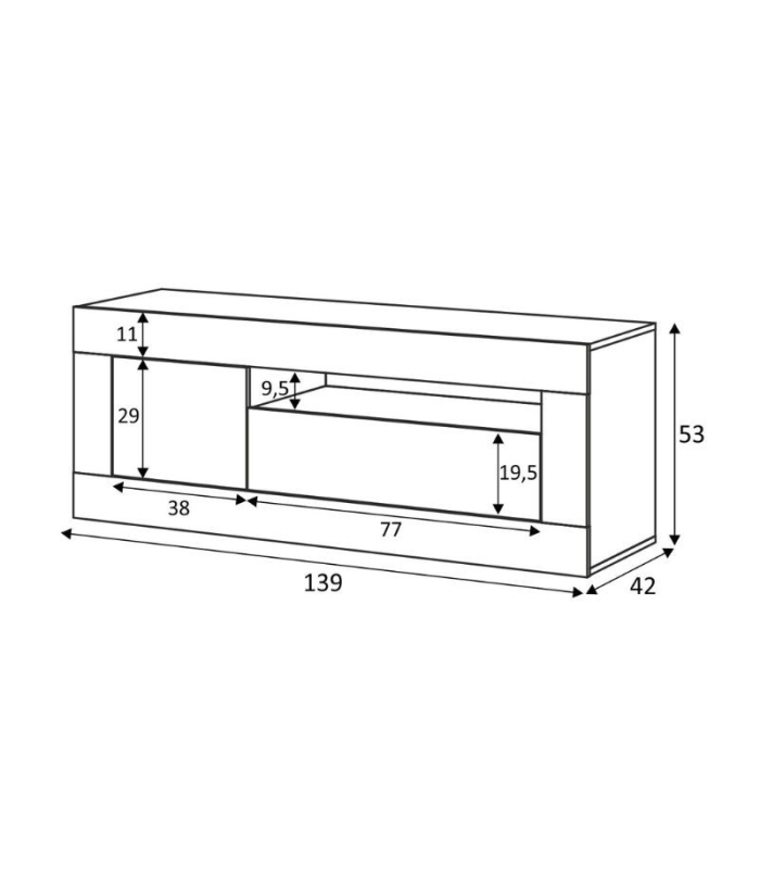 Medidas mueble tv Baltik. 139 cm de ancho, 42 cm de fondo y 53 cm de alto.