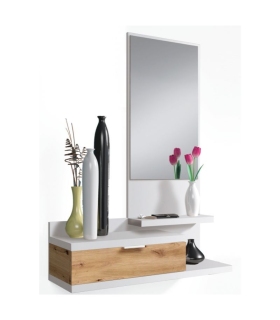 Mueble Recibidor Dahlia con cajón y espejo acabado en color roble nodi y blanco artik