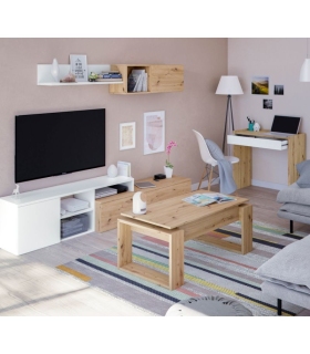 Mesa de escritorio Noa y mueble de salón Julia en color Roble Nodi y Blanco Artik más mesa de centro Nova elevable Roble Nodi