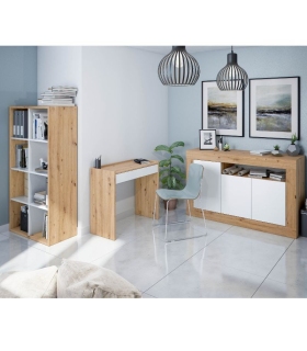 Mesa escritorio con cajón y estantería Noa y aparador Baltik acabado en color Roble Nodi y Blanco Artik