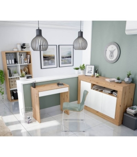 Mesa escritorio con cajón y estantería Noa y aparador Baltik acabado en color Roble Nodi y Blanco Artik