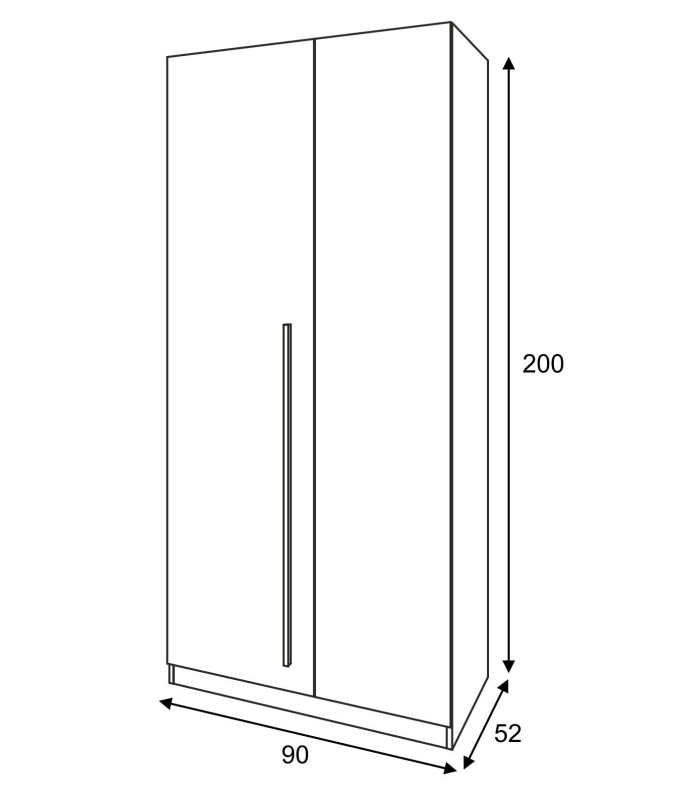 Medidas armario 2 puertas juvenil Noa, 90 cm de ancho x 200 cm de alto x 52 cm de fondo