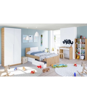 Dormitorio Juvenil Noa compuesto por cama con dos cajones y armario 2 puertas abatibles en blanco artik y roble nodi