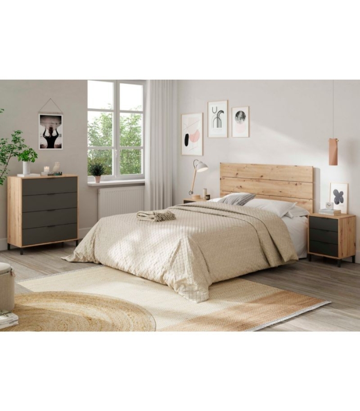 Conjunto dormitorio matrimonio enzo en color roble nodi y gris antracita formado por cabezal con 2 mesitas y cómoda 4 cajones