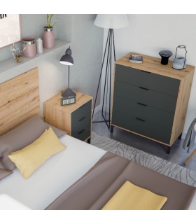 Conjunto dormitorio matrimonio enzo en color roble nodi y gris antracita formado por cabezal con 2 mesitas y cómoda 4 cajones