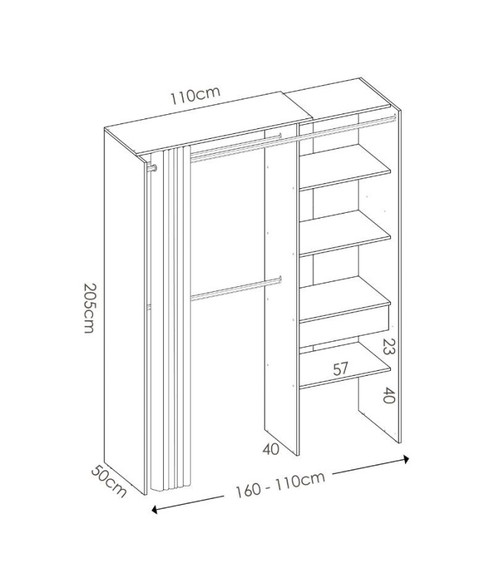 Medidas Armario Vestidor 1 Cajón y Cortina. 110-160 cm de ancho, 205 cm de alto, 50 cm de fondo
