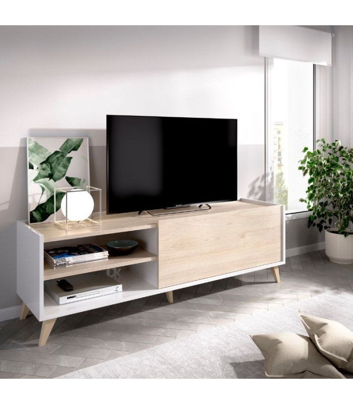 Mueble TV Ness en Blanco y Natural con 1 puerta abatible y 2 huecos vistos