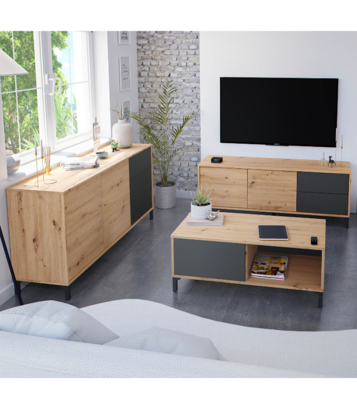 Mueble de Televisión Brooklyn con 2 puertas y 2 cajones color Roble Nodi y Gris Antracita