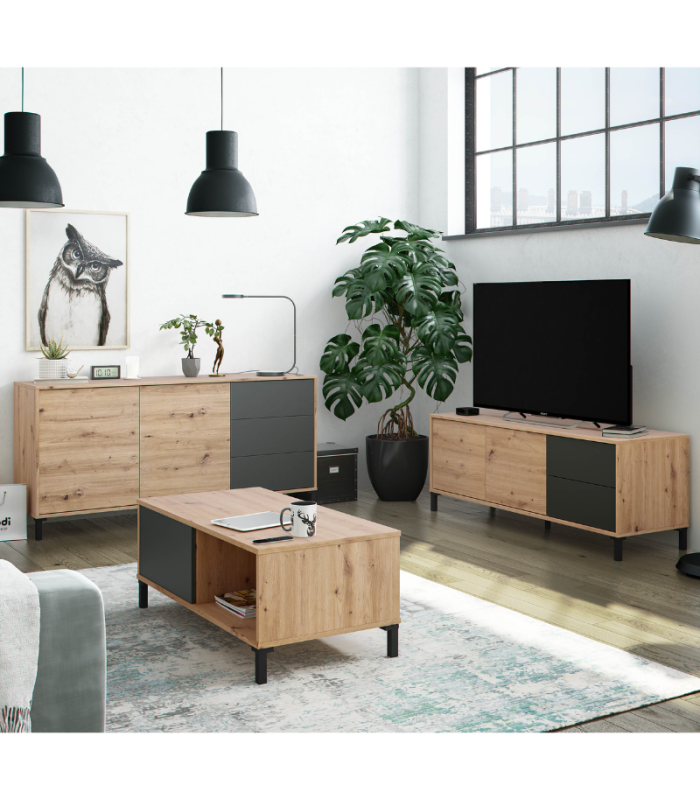 Mueble de Televisión Brooklyn con 2 puertas y 2 cajones color Roble Nodi y Gris Antracita