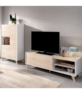 Mueble de televisión y aparador alto 3 puertas 1 hueco Ness Plus Natural y Blanco