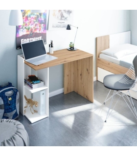 Mesa escritorio Kenia con dos estantes acabado en color Roble Canadian y Blanco Artik