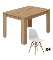 Conjunto mesa extensible kendra roble nodi más 4 sillas tower blancas. Sayez