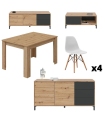 Conjunto salón brooklyn Nodi formado por mueble tv, mesa de centro y aparador Brooklyn, mesa comedor roble nodi y 4 sillas tower