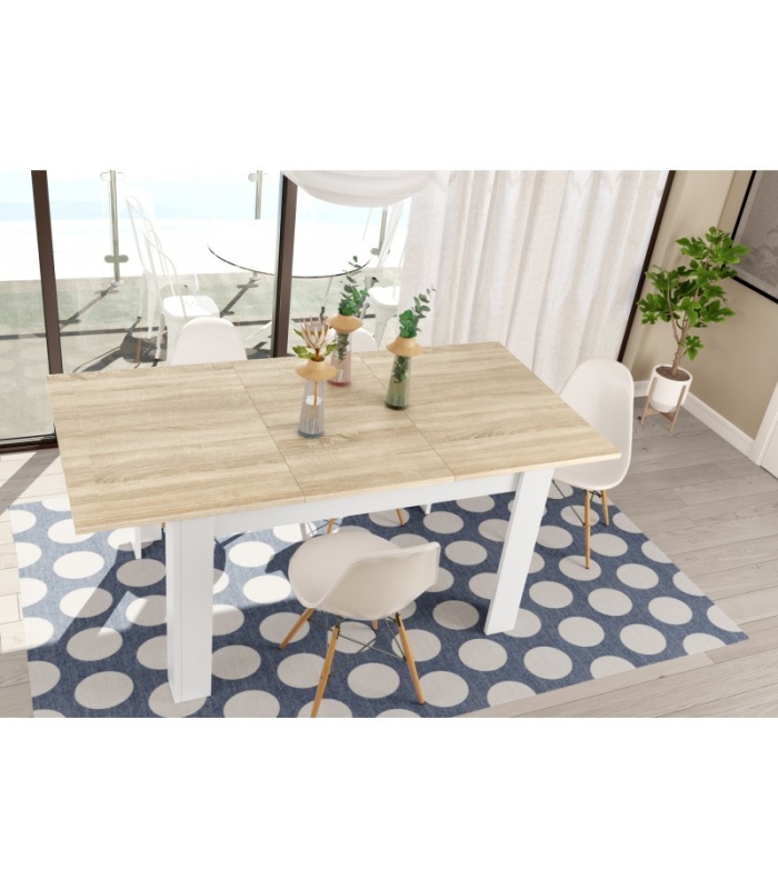 Mesa comedor extensible kendra 140x90 extensible a 190 cm en color roble canadian y blanco artik