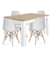 Mesa comedor extensible kendra 140x90 extensible a 190 cm en color roble canadian y blanco artik y 4 sillas tower blancas