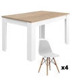 Mesa comedor extensible kendra 140x90 extensible a 190 cm en color roble canadian y blanco artik y 4 sillas tower blancas