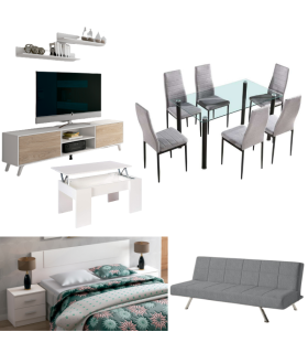 Conjunto de mueble tv y 2 estantes, mesa centro elevable, mesa comedor cristal y 6 sillas, cabezal con 2 mesitas y sofá cama