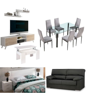 Conjunto de mueble tv y 2 estantes, mesa centro elevable, mesa comedor cristal y 6 sillas, cabezal con 2 mesitas y sofá 3 plazas