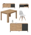 Conjunto salón brooklyn Nodi formado por mueble tv, mesa de centro y aparador Brooklyn, mesa comedor roble nodi y 4 sillas tower