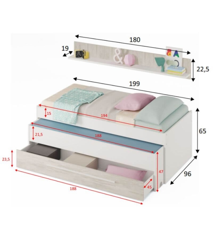 Cama doble nido juvenil Elliot con cajón y estante de pared en color blanco artik y blanco velho