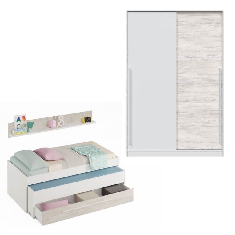 Dormitorio Juvenil Completo Elliot, por cama nido con cajón y estante y armario 2 puertas correderas blanco artik y blanco velho
