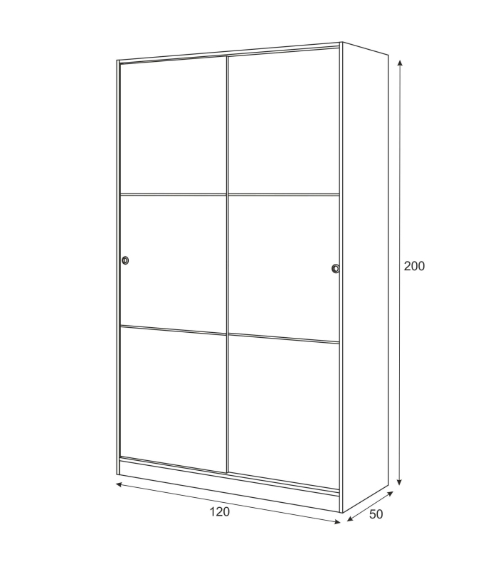 Medidas Armario 2 puertas correderas blanco brillo con barra de colgar y 3 estantes. Ancho: 120 cm, fondo: 50 cm, alto: 200 cm