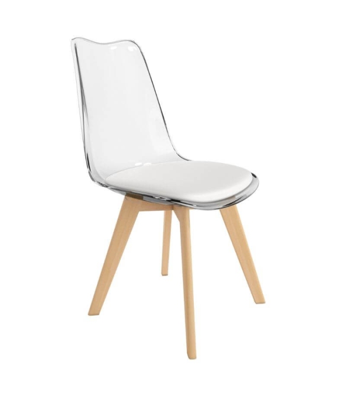 Pack 4 Sillas Vegas para salón o comedor transparente con asiento en color blanco y patas de madera maciza