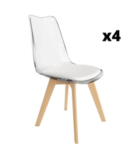 Pack 4 Sillas Vegas para salón o comedor transparente con asiento en color blanco y patas de madera maciza